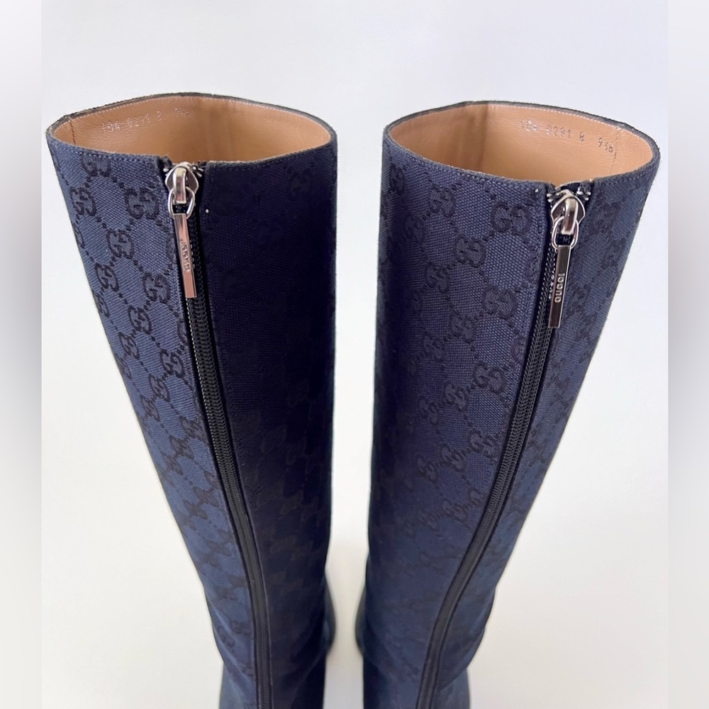 GUCCI || Vintage Y2K GG Monogram Canvas Square Toe Block Heel Knee High Boots - Picture 10 of 16